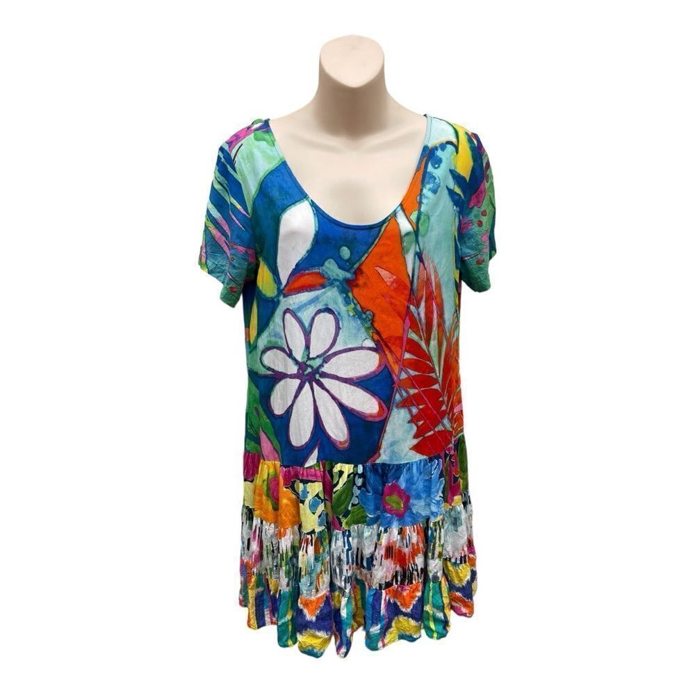 Jam’s World Honolulu Blue Green Hattie Flower Vibes Dress Sz M Lightweight EUC